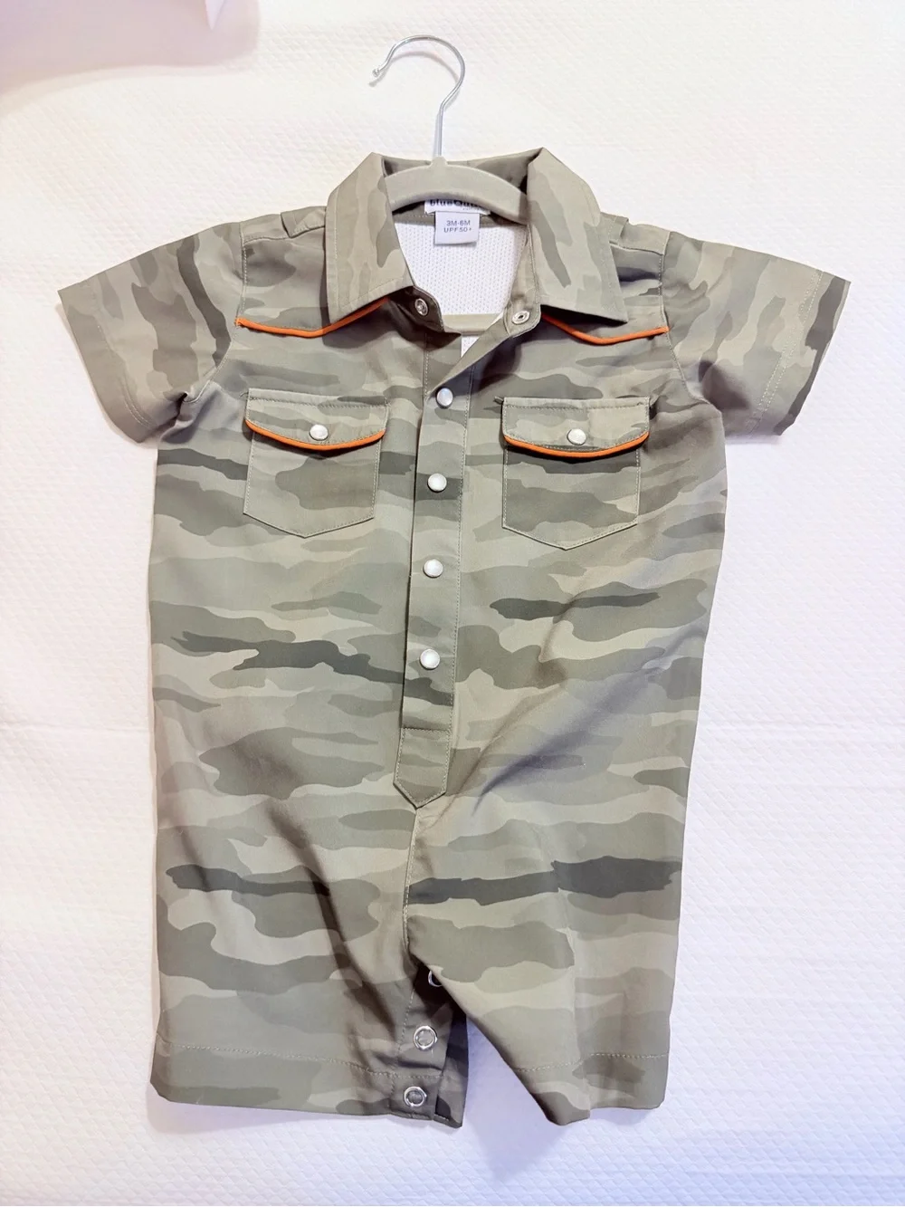 Blue Quail Classic Guayabera Camo Short Sleeve Romper - 3-6 mo